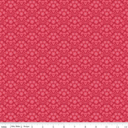 Image of the Bluegrass Charm Damask Red quilting cotton fabric by Riley Blake Designs. Features damask on a red background. Cute Little Fabric Shop