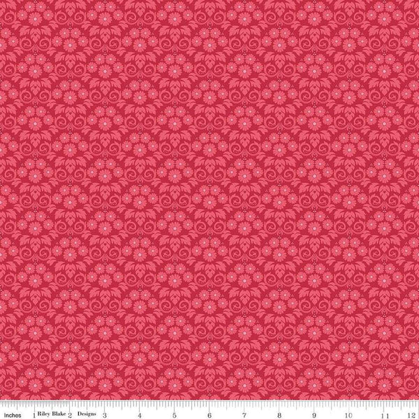 Image of the Bluegrass Charm Damask Red quilting cotton fabric by Riley Blake Designs. Features damask on a red background. Cute Little Fabric Shop