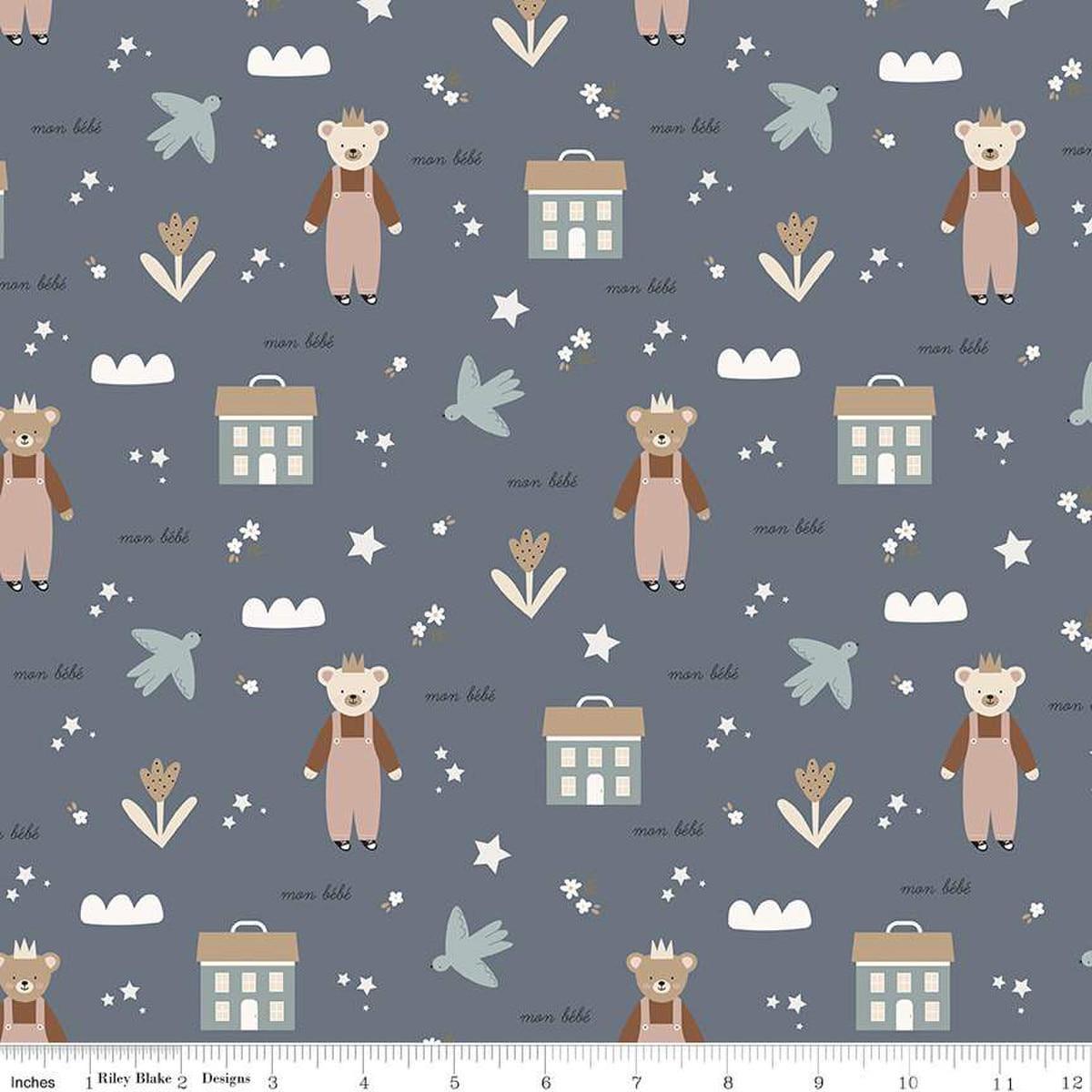 Image of the Cozy Bebe Main Blue quilting cotton by Riley Blake Designs. Features icons on a blue background. Cute Little Fabric Shop