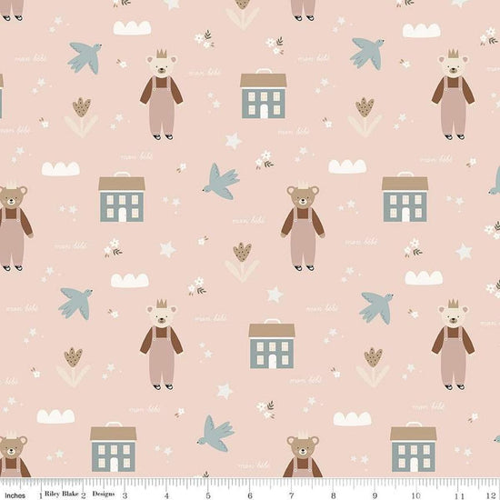 Image of the Cozy Bebe Main Blush quilting cotton by Riley Blake Designs. Features icons on a pink background. Cute Little Fabric Shop