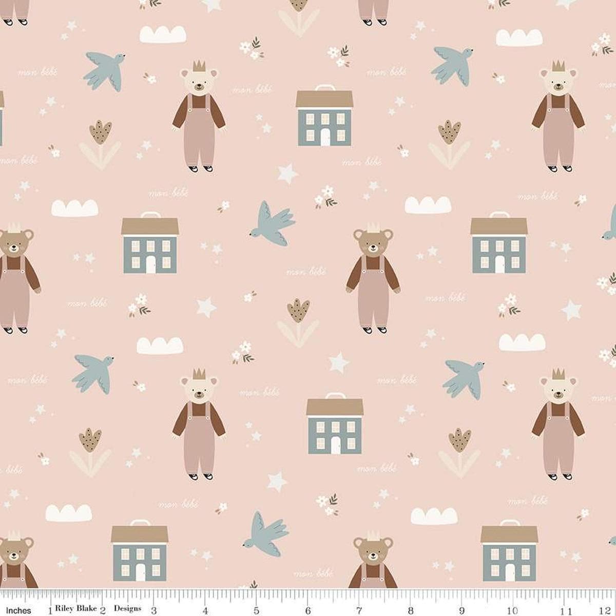 Image of the Cozy Bebe Main Blush quilting cotton by Riley Blake Designs. Features icons on a pink background. Cute Little Fabric Shop
