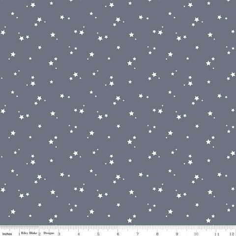 Image of the Cozy Bebe Stars Blue quilting cotton by Riley Blake Designs. Features stars on a blue background. Cute Little Fabric Shop
