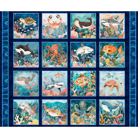 Deep Sea Dazzle Undersea Picture Patches Panel 31194 Navy N - by QT Fabrics - Underwater Sea Animals Creatures Fish - Quilting Cotton Fabric