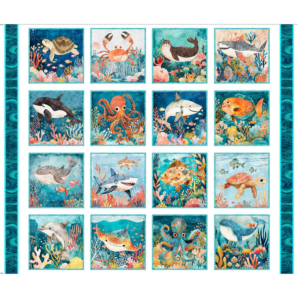 Deep Sea Dazzle Undersea Picture Patches Panel 31194 Turquoise Q - by QT Fabrics - Underwater Sea Animals Fish - Quilting Cotton Fabric
