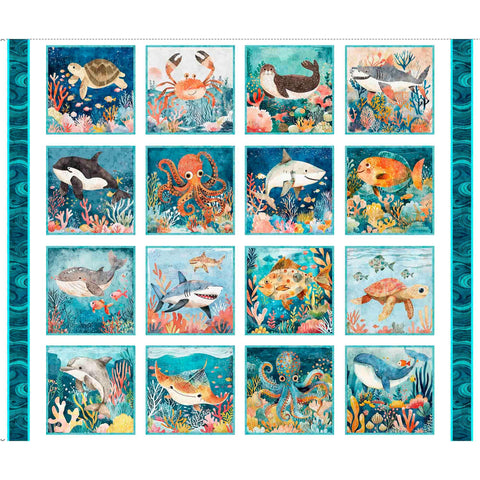 Deep Sea Dazzle Undersea Picture Patches Panel 31194 Turquoise Q - by QT Fabrics - Underwater Sea Animals Fish - Quilting Cotton Fabric