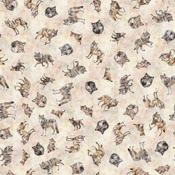 DEAL Running With The Pack Tossed Wolves 31101 Cream E - - QT Fabrics - Wolf Outdoor Animals - Quilting Cotton Fabric