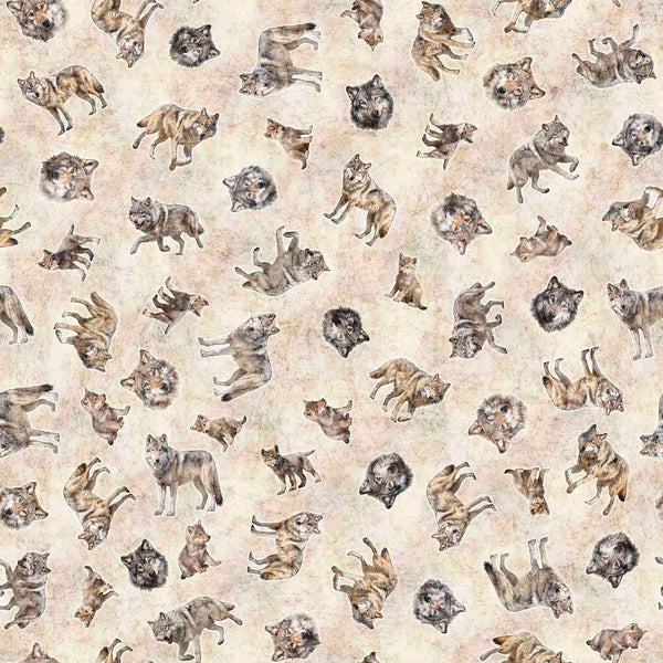 Running With The Pack Tossed Wolves 31101 Cream E - by QT Fabrics - Wolf Outdoor Animals - Quilting Cotton Fabric