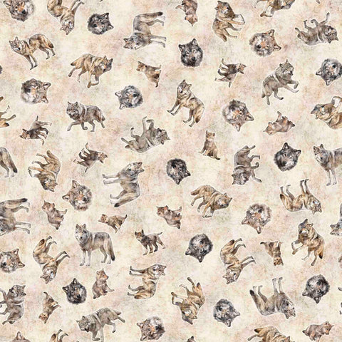 Running With The Pack Tossed Wolves 31101 Cream E - by QT Fabrics - Wolf Outdoor Animals - Quilting Cotton Fabric