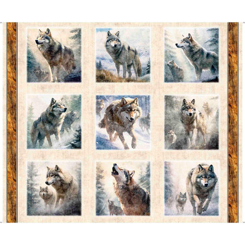Running With The Pack Picture Patches Panel 31099 Multi X  - QT Fabrics - Wolves Wolf Outdoors - Quilting Cotton Fabric