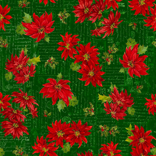 DEAL MINKY Poinsettia Greetings Poinsettia Toss 60" Wide 31083 Forest F - QT Fabrics - Flowers Floral Writing - 100% Polyester