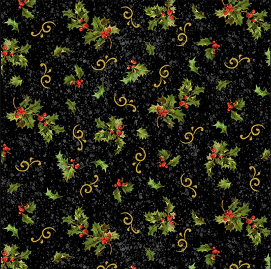 DEAL MINKY Poinsettia Greetings Holly & Scroll 60" Wide 31084 Black J - QT Fabrics - Berries Swirl Leaves Leaf - 100% Polyester