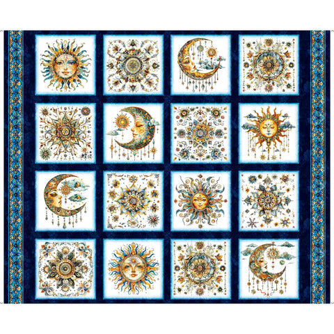 Bohemian Sunrise Celestial Patches Panel 31087 Navy N - by QT Fabrics - Stars Symbols Moons - Quilting Cotton Fabric