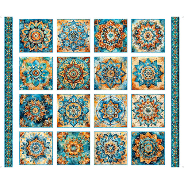 Bohemian Sunrise Foulard Medallion Patches Panel 31088 White Z - by QT Fabrics - Stars Symbols Moons - Quilting Cotton Fabric