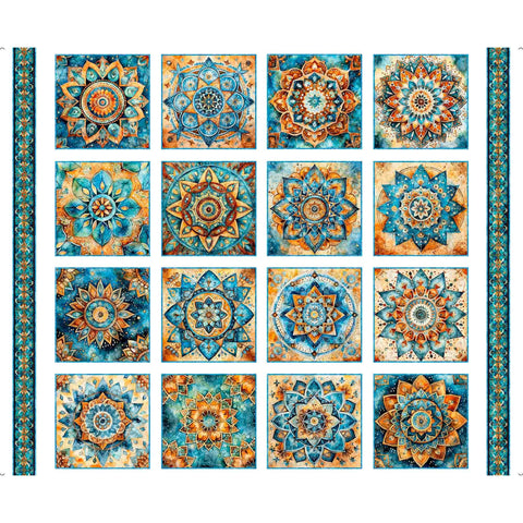 Bohemian Sunrise Foulard Medallion Patches Panel 31088 White Z - by QT Fabrics - Stars Symbols Moons - Quilting Cotton Fabric