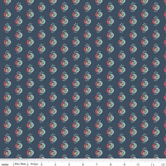 Image of the Emma Frank Churchill quilting cotton fabric by Riley Blake Designs. Features flowers on a blue background. Cute Little Fabric Shop