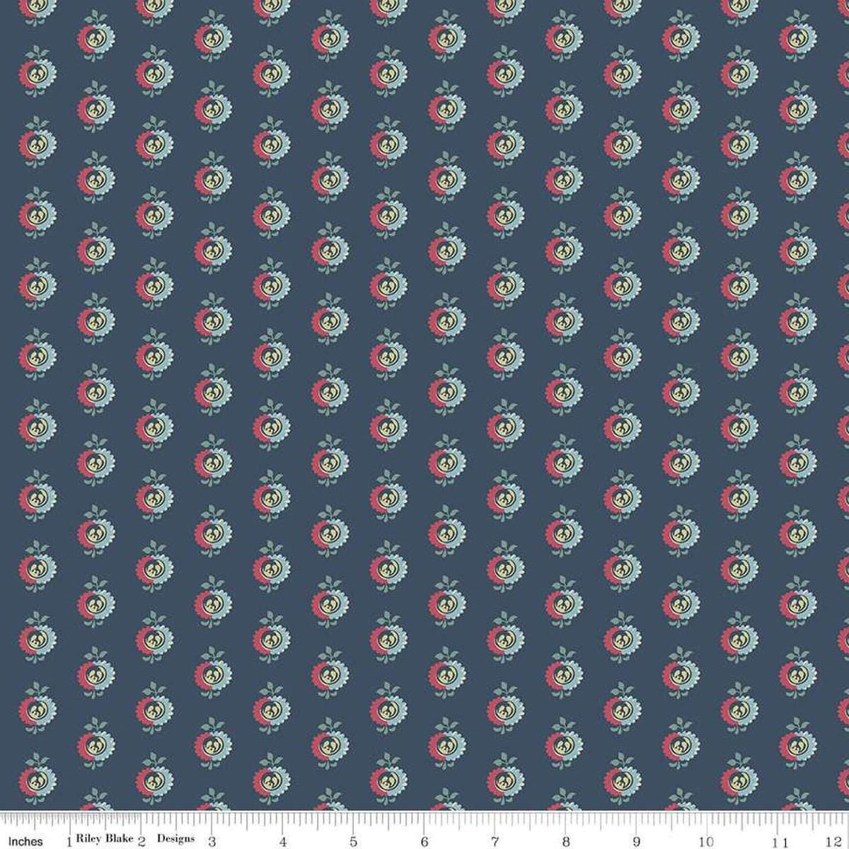 Image of the Emma Frank Churchill quilting cotton fabric by Riley Blake Designs. Features flowers on a blue background. Cute Little Fabric Shop
