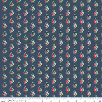 Image of the Emma Frank Churchill quilting cotton fabric by Riley Blake Designs. Features flowers on a blue background. Cute Little Fabric Shop