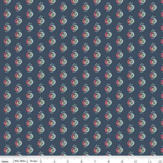 Image of the Emma Frank Churchill quilting cotton fabric by Riley Blake Designs. Features flowers on a blue background. Cute Little Fabric Shop
