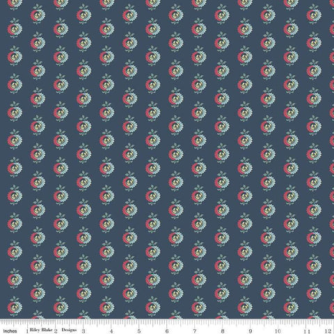 Image of the Emma Frank Churchill quilting cotton fabric by Riley Blake Designs. Features flowers on a blue background. Cute Little Fabric Shop