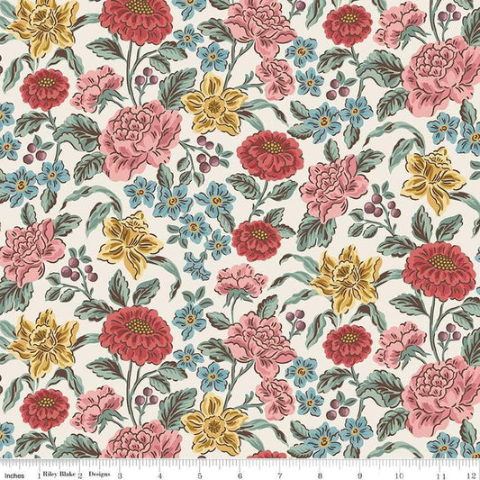Image of the Emma Hartfield Cream quilting cotton fabric by Riley Blake Designs. Features flowers on a cream background. Cute Little Fabric Shop