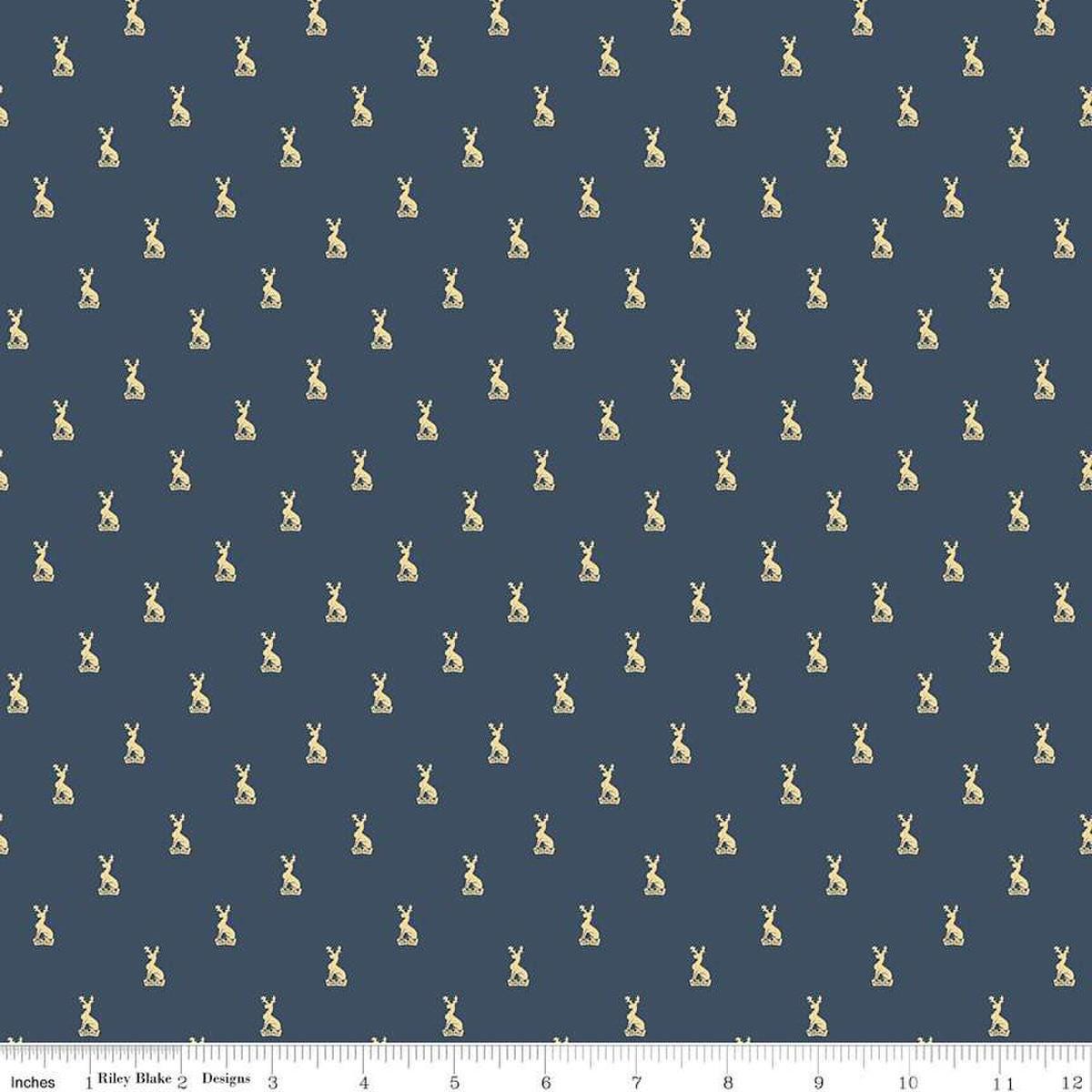 Image of the Emma Hartfield Family Crest Navy quilting cotton fabric by Riley Blake Designs. Features animals on a blue background. Cute Little Fabric Shop