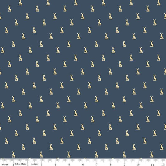 Image of the Emma Hartfield Family Crest Navy quilting cotton fabric by Riley Blake Designs. Features animals on a blue background. Cute Little Fabric Shop