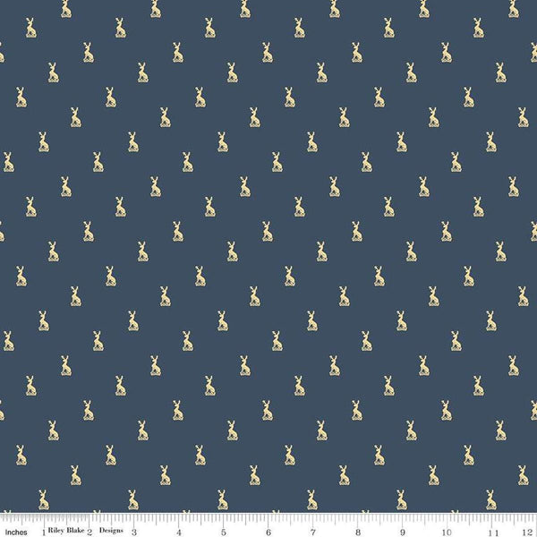 Image of the Emma Hartfield Family Crest Navy quilting cotton fabric by Riley Blake Designs. Features animals on a blue background. Cute Little Fabric Shop