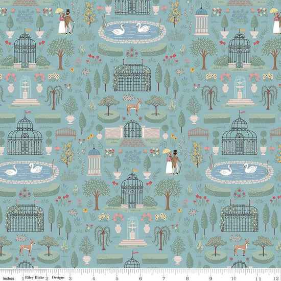 Image of the Emma Highbury Blue quilting cotton fabric by Riley Blake Designs. Features a landscape on a blue background. Cute Little Fabric Shop