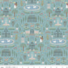 Image of the Emma Highbury Blue quilting cotton fabric by Riley Blake Designs. Features a landscape on a blue background. Cute Little Fabric Shop