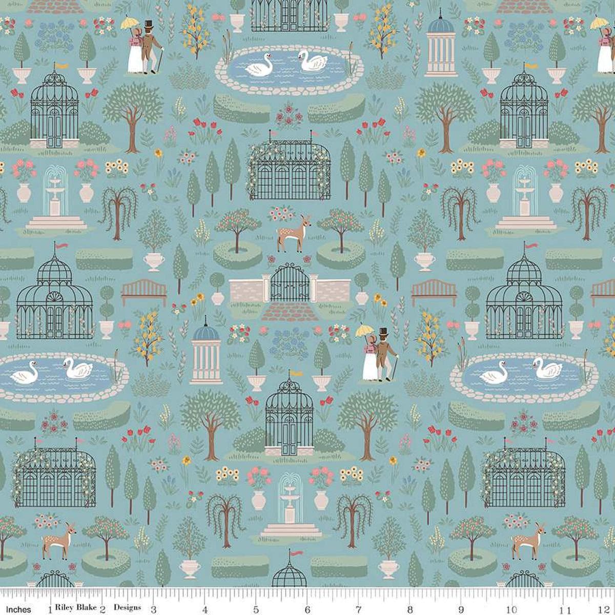 Image of the Emma Highbury Blue quilting cotton fabric by Riley Blake Designs. Features a landscape on a blue background. Cute Little Fabric Shop