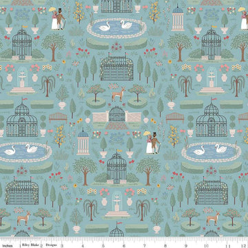 Image of the Emma Highbury Blue quilting cotton fabric by Riley Blake Designs. Features a landscape on a blue background. Cute Little Fabric Shop