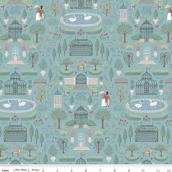 Image of the Emma Highbury Blue quilting cotton fabric by Riley Blake Designs. Features a landscape on a blue background. Cute Little Fabric Shop