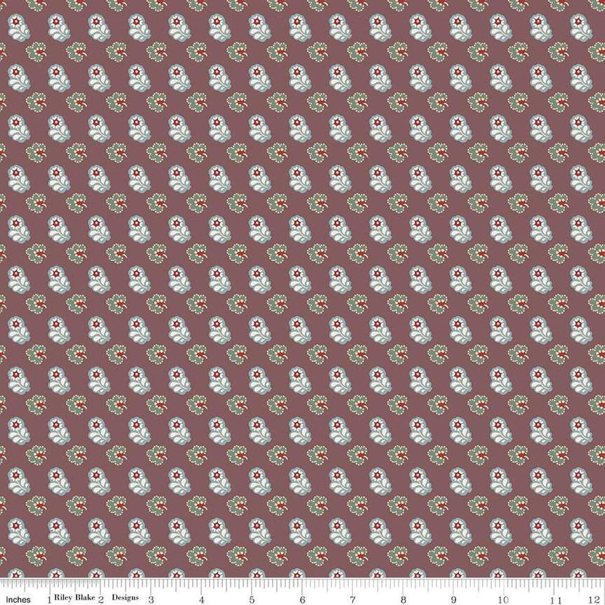 Image of the Emma Mr. Elton quilting cotton fabric by Riley Blake Designs. Features leaves on a burgundy background. Cute Little Fabric Shop