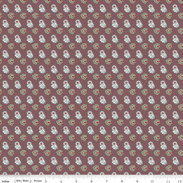 Image of the Emma Mr. Elton quilting cotton fabric by Riley Blake Designs. Features leaves on a burgundy background. Cute Little Fabric Shop
