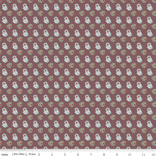Image of the Emma Mr. Elton quilting cotton fabric by Riley Blake Designs. Features leaves on a burgundy background. Cute Little Fabric Shop