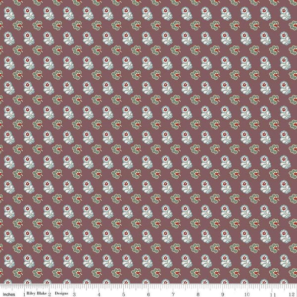 Image of the Emma Mr. Elton quilting cotton fabric by Riley Blake Designs. Features leaves on a burgundy background. Cute Little Fabric Shop