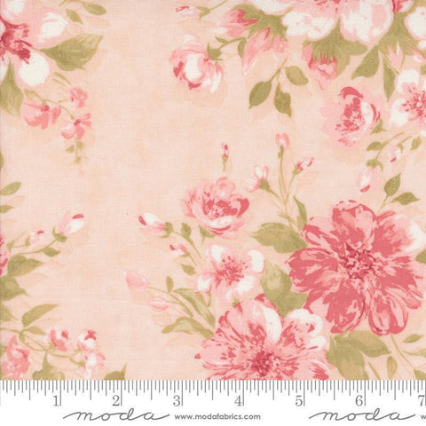 Image of the Muse Rose Blush quilting cotton fabric by Moda Fabrics. Features flowers on a pink background. Cute Little Fabric Shop