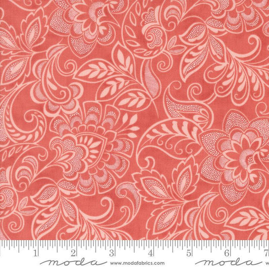 Image of the Muse Flourishing Scarlet quilting cotton fabric by Moda Fabrics. Features flowers on a red background. Cute Little Fabric Shop
