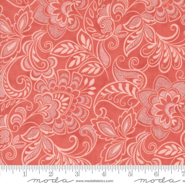 Image of the Muse Flourishing Scarlet quilting cotton fabric by Moda Fabrics. Features flowers on a red background. Cute Little Fabric Shop