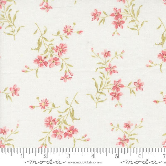 Image of the Muse Floral Porcelain quilting cotton fabric by Moda Fabrics. Features flowers on a cream background. Cute Little Fabric Shop