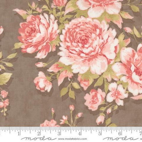 Image of the Muse Rose Slate quilting cotton fabric by Moda Fabrics. Features flowers on a gray background. Cute Little Fabric Shop