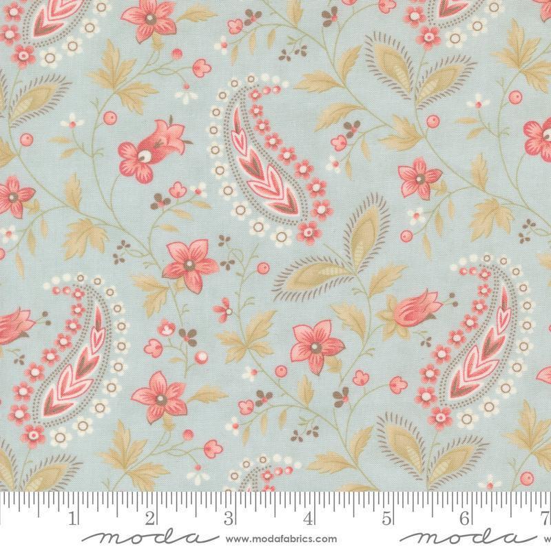 Image of the Muse Vine Sky quilting cotton fabric by Moda Fabrics. Features flowers on a gray background. Cute Little Fabric Shop