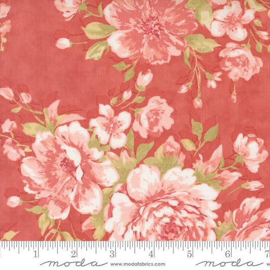 Image of the Muse Rose Scarlet quilting cotton fabric by Moda Fabrics. Features flowers on a red background. Cute Little Fabric Shop