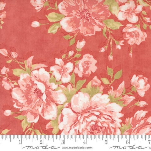Image of the Muse Rose Scarlet quilting cotton fabric by Moda Fabrics. Features flowers on a red background. Cute Little Fabric Shop