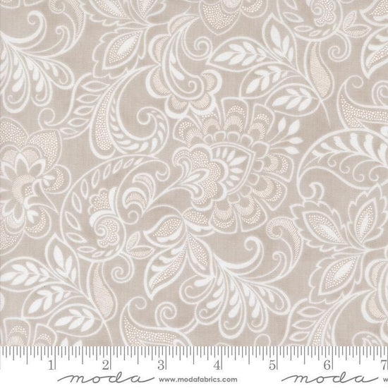 Image of the Muse Flourishing Stone quilting cotton fabric by Moda Fabrics. Features flowers on a gray background. Cute Little Fabric Shop