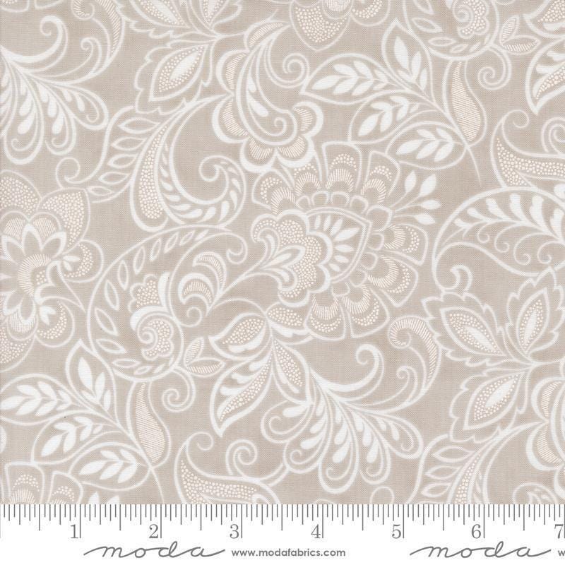 Image of the Muse Flourishing Stone quilting cotton fabric by Moda Fabrics. Features flowers on a gray background. Cute Little Fabric Shop