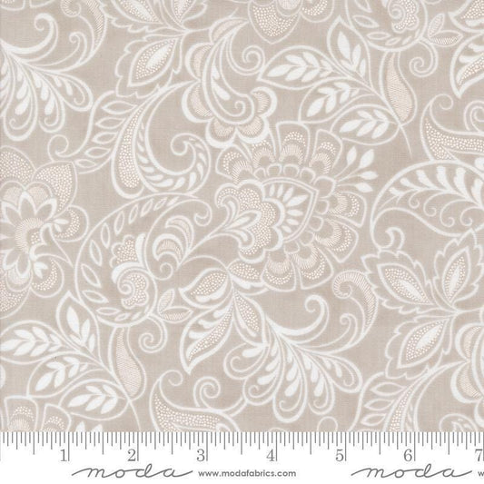 Image of the Muse Flourishing Stone quilting cotton fabric by Moda Fabrics. Features flowers on a gray background. Cute Little Fabric Shop