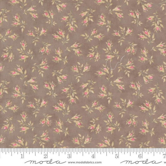 Image of the Muse Rosebuds Slate quilting cotton fabric by Moda Fabrics. Features flowers on a brown background. Cute Little Fabric Shop