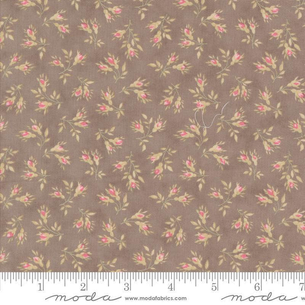 Image of the Muse Rosebuds Slate quilting cotton fabric by Moda Fabrics. Features flowers on a brown background. Cute Little Fabric Shop
