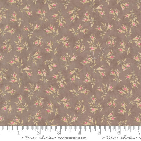 Image of the Muse Rosebuds Slate quilting cotton fabric by Moda Fabrics. Features flowers on a brown background. Cute Little Fabric Shop